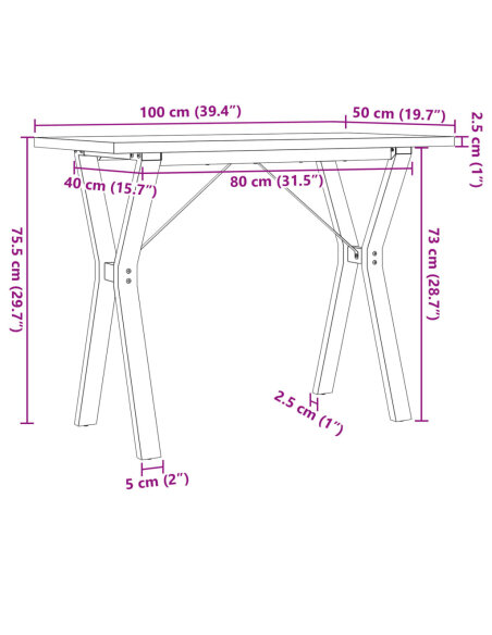 Table à manger Style Industriel cadre en Y en bois de pin massif & fonte 100 x 50 x 75.5 cm {attributes}