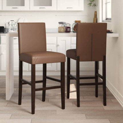 Chaise de bar campagne / chic en lot de 2 en bois massif d'hévéa et similicuir Brun  {attributes}