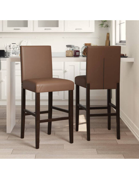 Chaise de bar campagne / chic en lot de 2 en bois massif d'hévéa et similicuir Brun  {attributes}