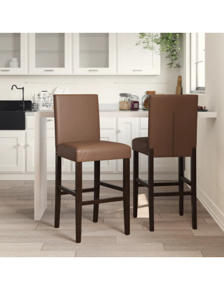 Chaise de bar campagne / chic en lot de 2 en bois massif d'hévéa et similicuir Brun  {attributes}