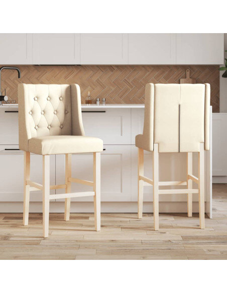 Chaise de bar campagne / chic en lot de 2 en bois massif d'hévéa et tissu Crème  {attributes} Chaise de bar campagne / chic en lot de 2 en bois massif d'hévéa et tissu Crème  {attributes}
