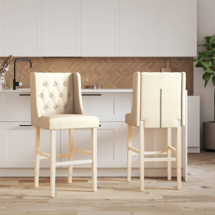 Chaise de bar campagne / chic en lot de 2 en bois massif d'hévéa et tissu Crème  {attributes}