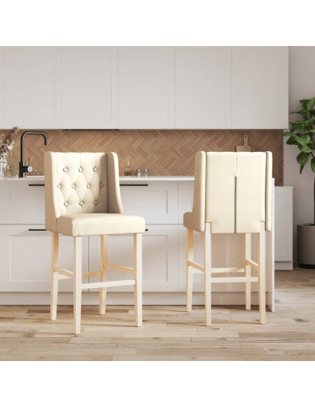 Chaise de bar campagne / chic en lot de 2 en bois massif d'hévéa et tissu Crème  {attributes} Chaise de bar campagne / chic en lot de 2 en bois massif d'hévéa et tissu Crème  {attributes}
