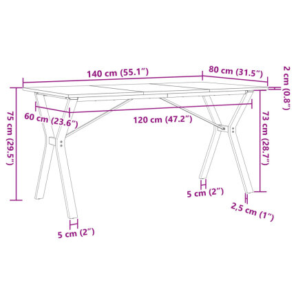 Table à manger Style Industriel cadre en Y en bois de pin massif & fonte 140 x 80 x 75 cm {attributes}