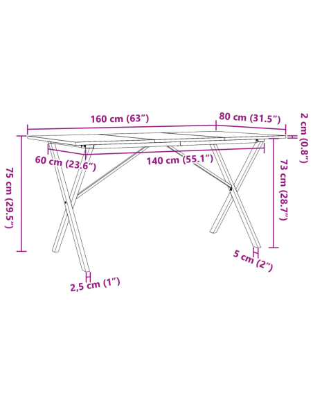 Table à manger Style Industriel cadre en X en bois de pin massif & fonte 160 x 80 x 75 cm {attributes}