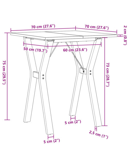 Table à manger Style Industriel cadre en Y en bois de pin massif & fonte 70 x 70 x 75 cm {attributes}