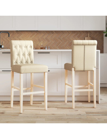 Chaise de bar campagne / chic en lot de 2 en bois massif d'hévéa et tissu Crème  {attributes}