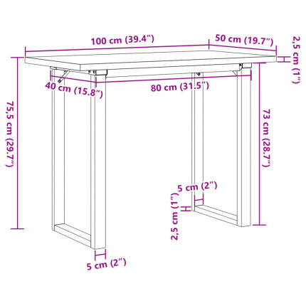 Table à manger Style Industriel cadre en O en bois de pin massif & fonte 100 x 50 x 75.5 cm {attributes}