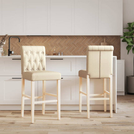 Chaise de bar campagne / chic en lot de 2 en bois massif d'hévéa et tissu Crème  {attributes}