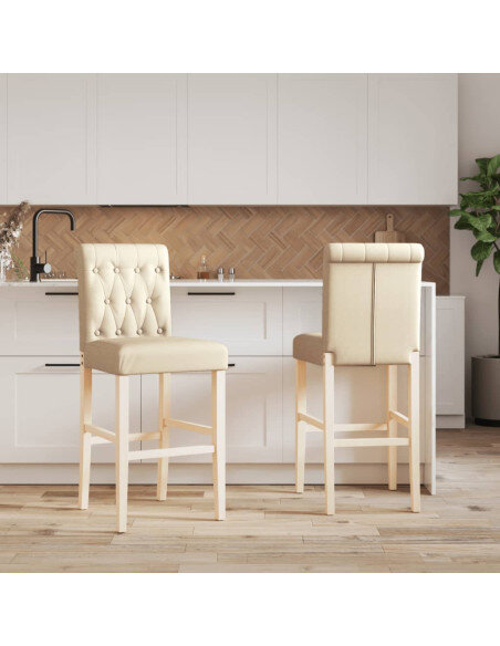 Chaise de bar campagne / chic en lot de 2 en bois massif d'hévéa et tissu Crème  {attributes}