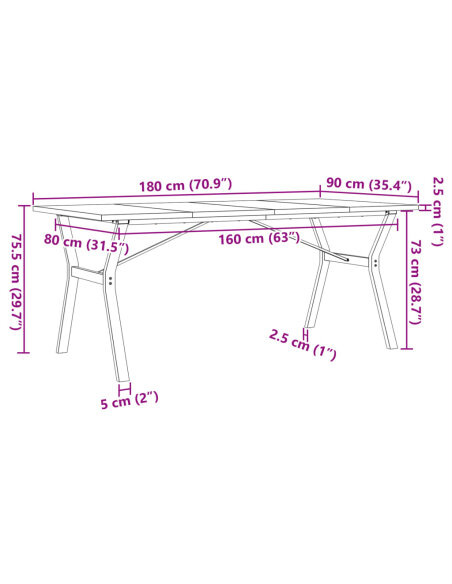Table à manger Style Industriel cadre en Y en bois de pin massif & fonte 180 x 90 x 75.5 cm {attributes}
