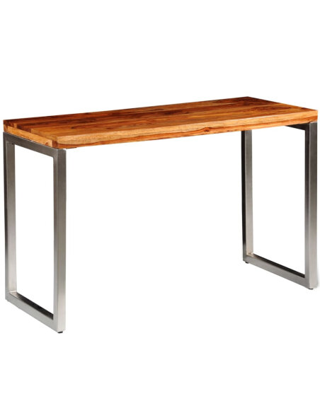 Table à manger en bois massier avec pieds en acier 115 x 55 x 76 cm {attributes} Table à manger en bois massier avec pieds en acier 115 x 55 x 76 cm {attributes}