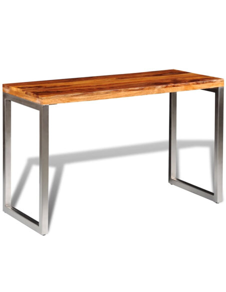 Table à manger en bois massier avec pieds en acier 115 x 55 x 76 cm {attributes} Table à manger en bois massier avec pieds en acier 115 x 55 x 76 cm {attributes}