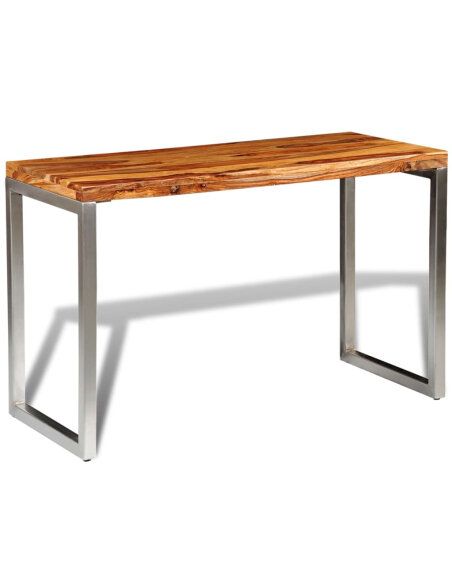 Table à manger en bois massier avec pieds en acier 115 x 55 x 76 cm {attributes} Table à manger en bois massier avec pieds en acier 115 x 55 x 76 cm {attributes}