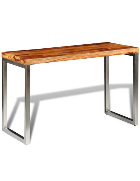 Table à manger en bois massier avec pieds en acier 115 x 55 x 76 cm {attributes} Table à manger en bois massier avec pieds en acier 115 x 55 x 76 cm {attributes}