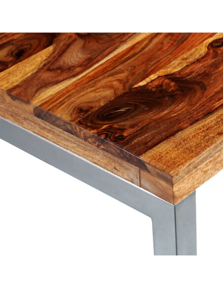 Table à manger en bois massier avec pieds en acier 115 x 55 x 76 cm {attributes} Table à manger en bois massier avec pieds en acier 115 x 55 x 76 cm {attributes}