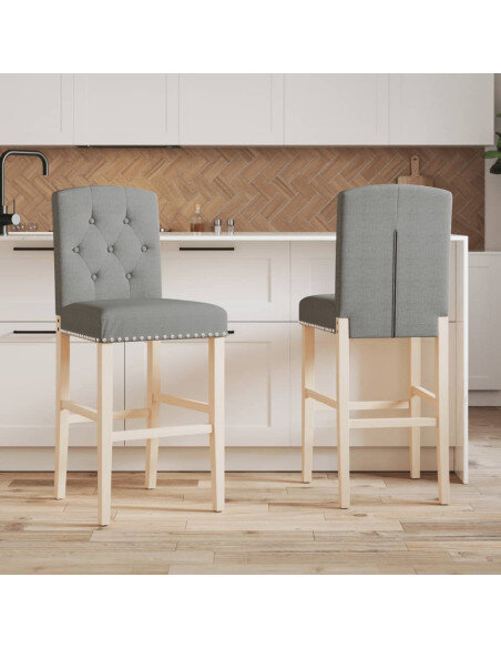 Chaise de bar campagne / chic en lot de 2 en bois massif d'hévéa et tissu Gris  {attributes}