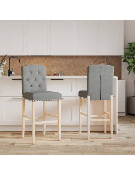 Chaise de bar campagne / chic en lot de 2 en bois massif d'hévéa et tissu Gris  {attributes}