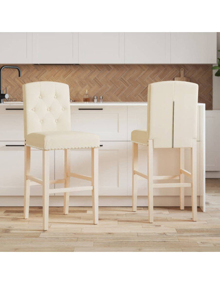 Chaise de bar campagne / chic en lot de 2 en bois massif d'hévéa et tissu Crème  {attributes}
