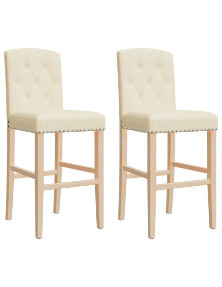 Chaise de bar campagne / chic en lot de 2 en bois massif d'hévéa et tissu Crème  {attributes}