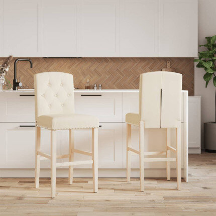Chaise de bar campagne / chic en lot de 2 en bois massif d'hévéa et tissu Crème  {attributes}