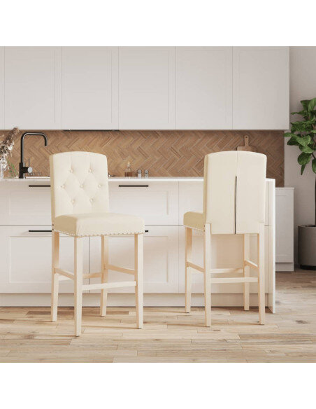 Chaise de bar campagne / chic en lot de 2 en bois massif d'hévéa et tissu Crème  {attributes}