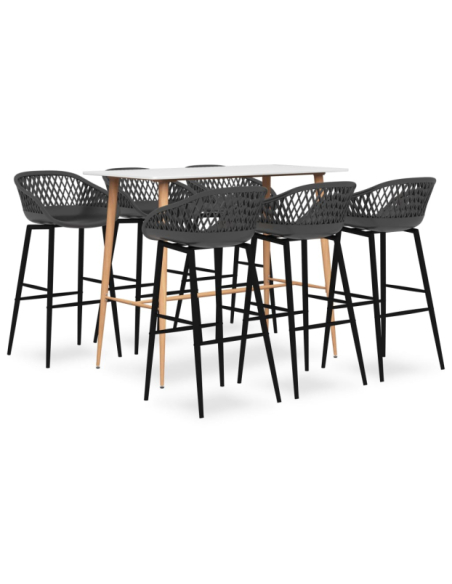 Table mange debout Scandinave avec 6 tabourets - Blanc et gris - Bois et métal