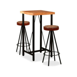 Table mange debout Industriel avec 2 tabourets - Marron et noir - Cuir naturel et acier