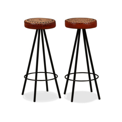 Table mange debout Industriel avec 2 tabourets - Marron et noir - Cuir naturel et acier