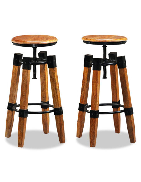 Tabourets de bar industriel en lot de 2 en bois de manguier massif Brun  {attributes}