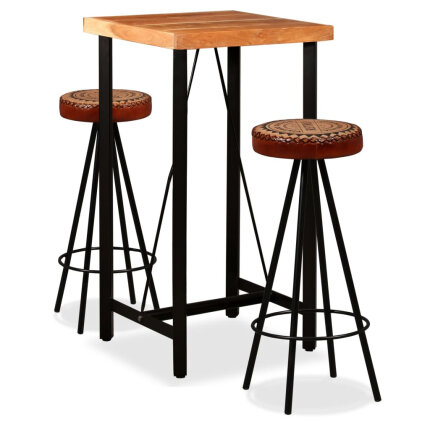 Ensemble Table mange debout Industriel avec 2 tabourets - Marron et noir - Cuir naturel et acier 