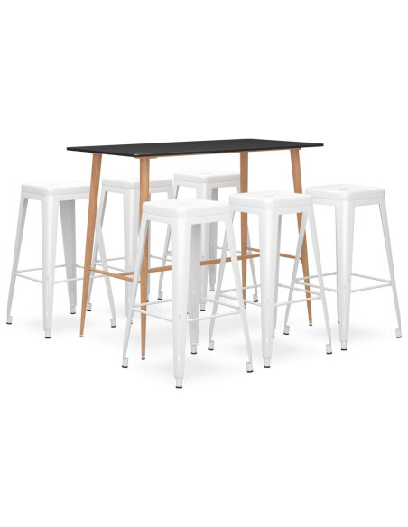 Ensemble Table mange debout Scandinave avec 6 tabourets - Noir et blanc - Bois et métal 