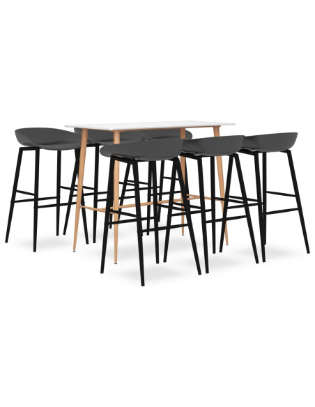 Ensemble Table mange debout Scandinave avec 6 tabourets - Blanc et gris - Bois et métal  Ensemble Table mange debout Scandinave avec 6 tabourets - Blanc et gris - Bois et métal