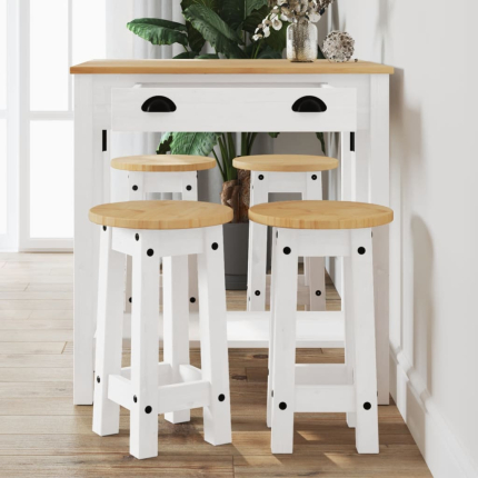 Ensemble Table mange debout Campagne avec 4 tabourets - Blanc - Bois massif de pin 
