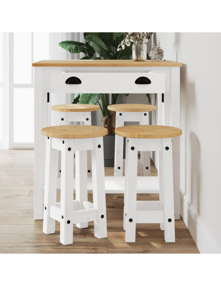 Ensemble Table mange debout Campagne avec 4 tabourets - Blanc - Bois massif de pin 