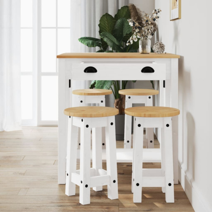 Ensemble Table mange debout Campagne avec 4 tabourets - Blanc - Bois massif de pin 