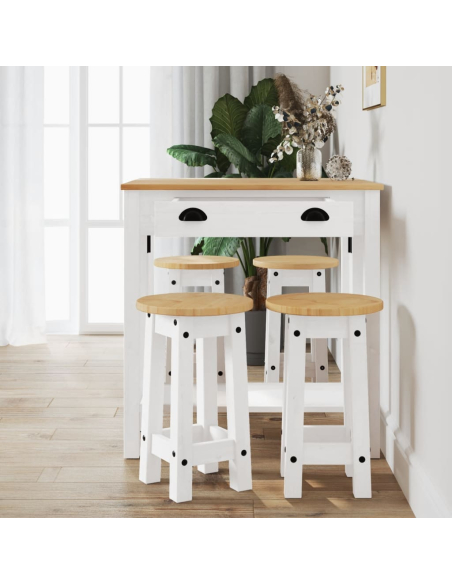 Ensemble Table mange debout Campagne avec 4 tabourets - Blanc - Bois massif de pin 