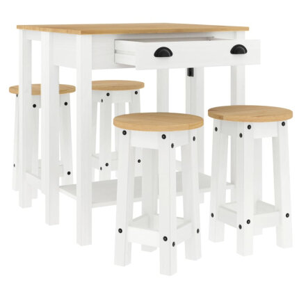 Ensemble Table mange debout Campagne avec 4 tabourets - Blanc - Bois massif de pin 