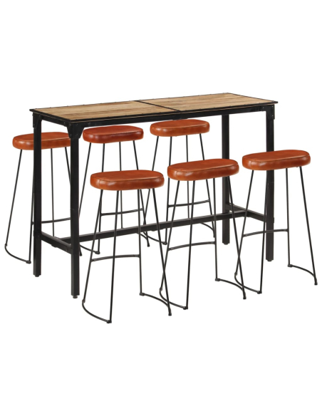 Ensemble Table mange debout Industriel avec 6 tabourets - Marron - Bois massif de manguier et fer 