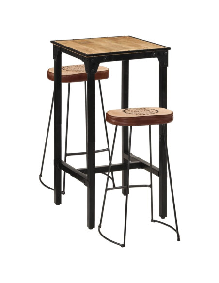 Ensemble Table mange debout Industriel avec 2 tabourets - Marron foncé - Bois massif de manguier et fer  Ensemble Table mange debout Industriel avec 2 tabourets - Marron foncé - Bois massif de manguier et fer