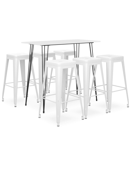 Ensemble Table mange debout Scandinave avec 6 tabourets - Blanc - Bois et métal 