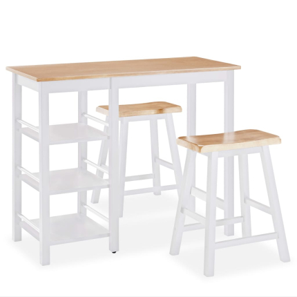 Ensemble Table mange debout Campagne avec 2 tabourets - Blanc et Bois naturel - Structure en Bois d'hévéa 