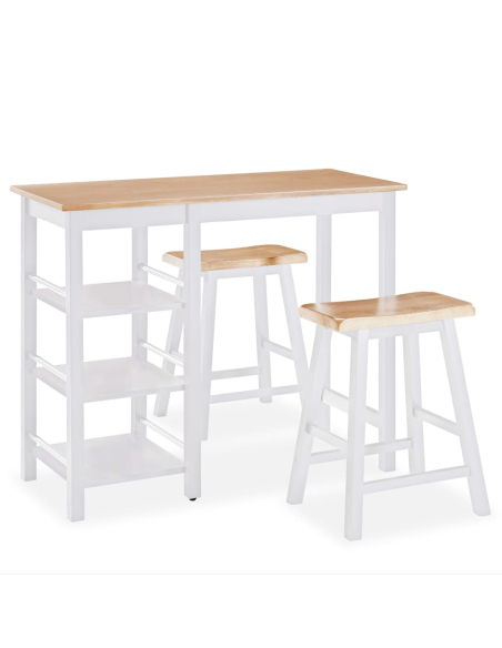 Ensemble Table mange debout Campagne avec 2 tabourets - Blanc et Bois naturel - Structure en Bois d'hévéa 