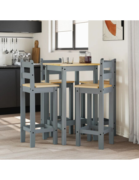 Ensemble Table mange debout Campagne avec 4 tabourets - Gris - Bois massif de pin  Ensemble Table mange debout Campagne avec 4 tabourets - Gris - Bois massif de pin
