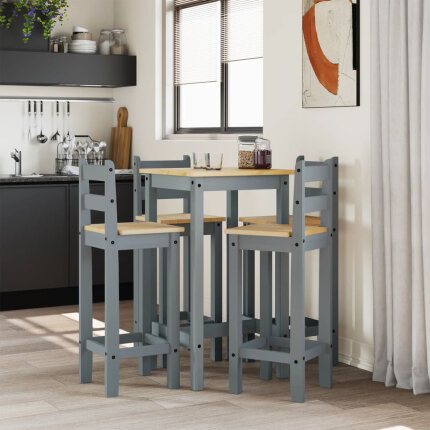 Ensemble Table mange debout Campagne avec 4 tabourets - Gris - Bois massif de pin