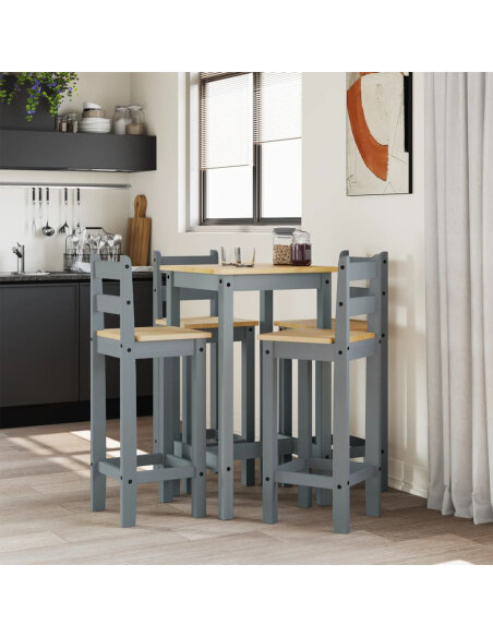 Ensemble Table mange debout Campagne avec 4 tabourets - Gris - Bois massif de pin  Ensemble Table mange debout Campagne avec 4 tabourets - Gris - Bois massif de pin