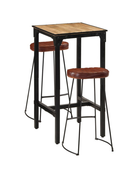 Ensemble Table mange debout Industriel avec 2 tabourets - Marron foncé - Bois massif de manguier et fer  Ensemble Table mange debout Industriel avec 2 tabourets - Marron foncé - Bois massif de manguier et fer