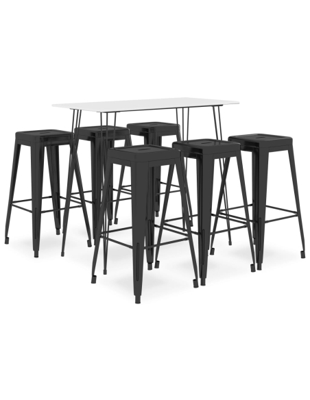 Ensemble Table mange debout Scandinave avec 6 tabourets - Blanc et noir - Bois et métal 