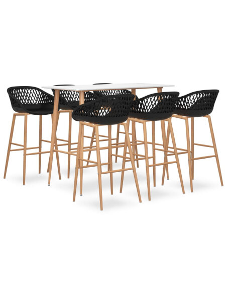 Ensemble Table mange debout Scandinave avec 6 tabourets - Blanc et noir - Bois et métal 