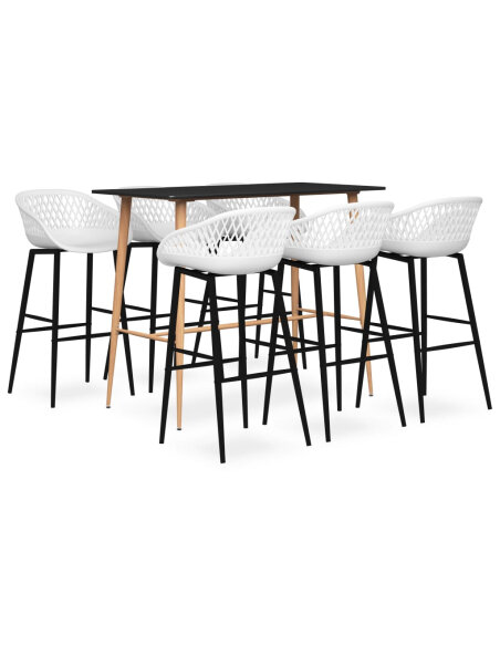 Ensemble Table mange debout Scandinave avec 6 tabourets - Noir et blanc- Bois et métal  Ensemble Table mange debout Scandinave avec 6 tabourets - Noir et blanc- Bois et métal